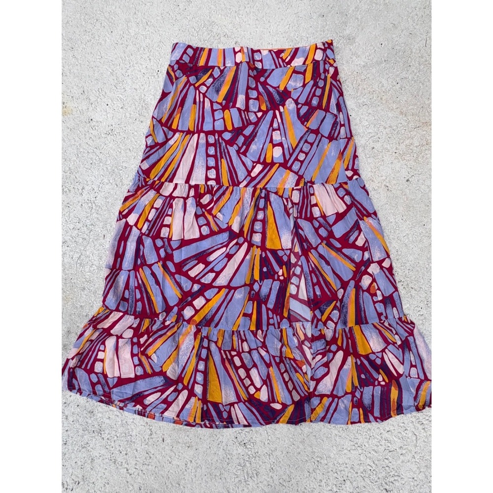 Marie Oliver Silk Midi Skirt Multi Color Abstract Geometric Tiered Ruffle Small